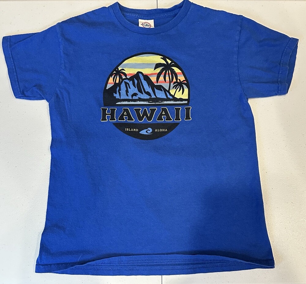 VTG Hawaii  T-Shirt Youth LARGE Blue VTG Delta  Tag Mountain Sunset Palm Trees
